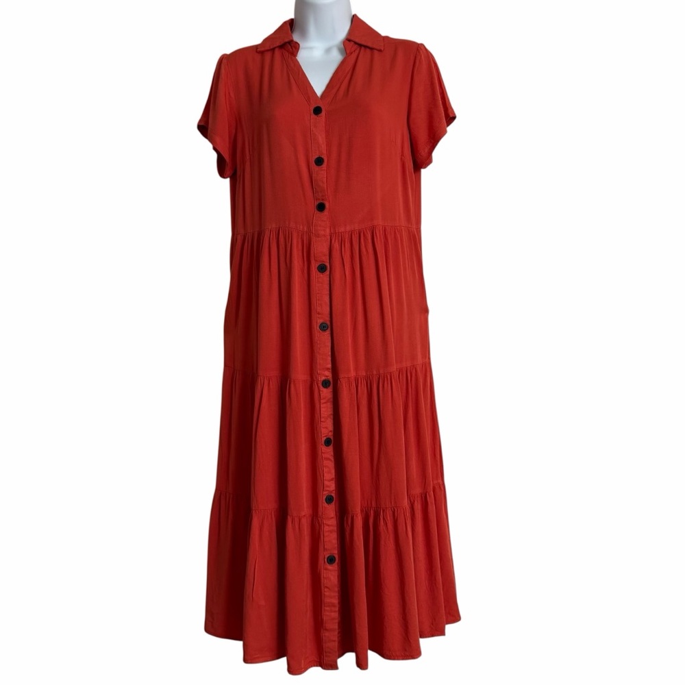Dokuritu Rust Orange Tiered Button Short Sleeve High Waist Midi Dress Size Small